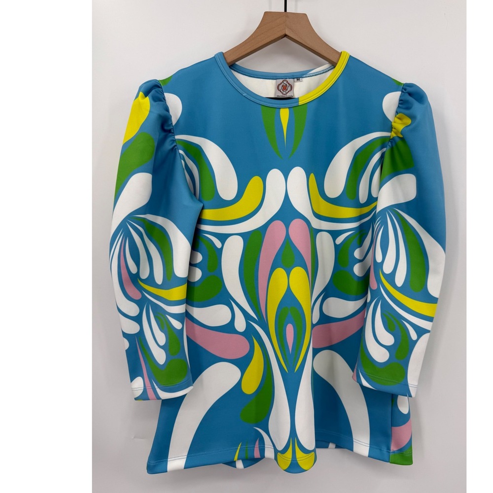 Sheridan French Shirt Womens Medium Blue Colorful Pattern‎ Puff Sleeve Mod